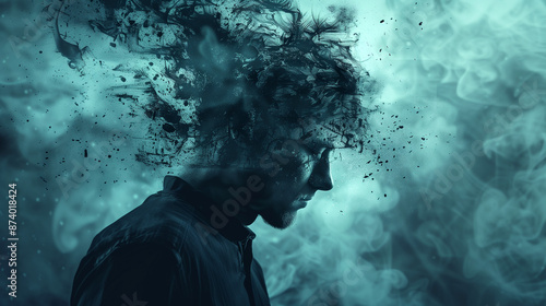 A man with a cloud over his head. Could be a concept for mental health issues illness, brain fog or migraine headaches. Could also be for therapy to help dispel negative thoughts.