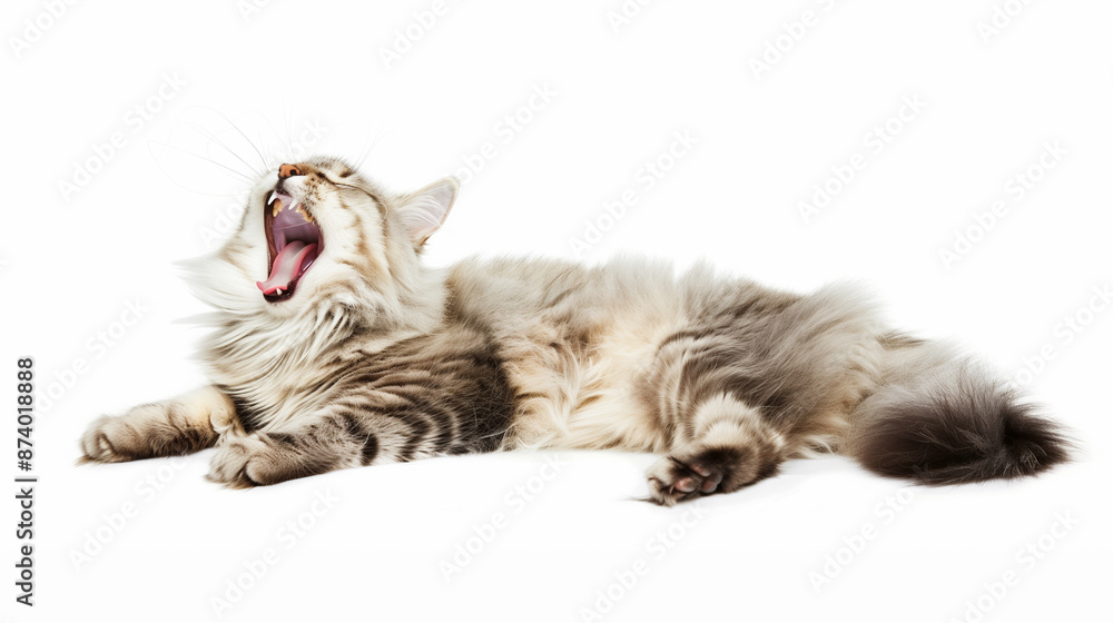 Fototapeta premium Full body shot of Siberian Cat cat yawning. white background, isolated.