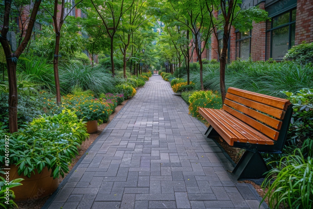 Brick Path Through A City Park With Wooden Benches Brick Path Through A City Park With Wooden Benches
