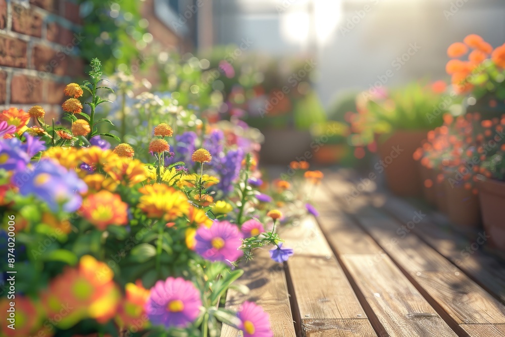 Colorful flower garden with a variety of blooms, sunlight creating a bright and cheerful atmosphere. Colorful flower garden with a variety of blooms, sunlight creating a bright and cheerful atmosphere.