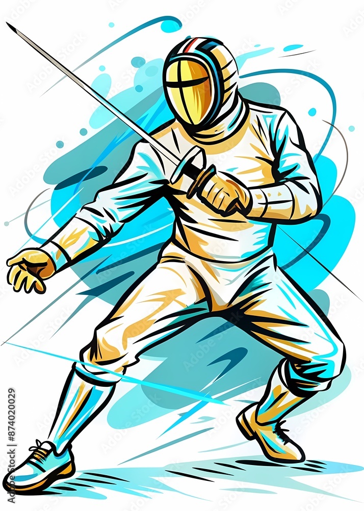 Obraz premium Fencing Athlete in Combat: Dynamic Thrust and Parry, perfect for sports magazines, fencing club promotions, training materials, or articles about precision and strategy in sports.