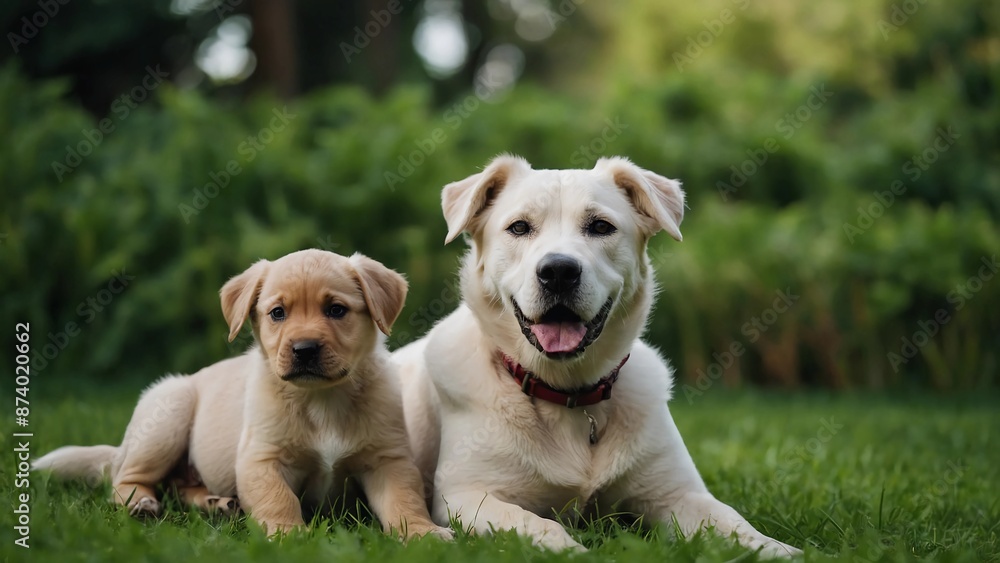 The image depicts two puppies, one black and the other brown, sitting on a grassy field with their mother, who is white. The puppies are sitting side by side with their mother. The image depicts two puppies, one black and the other brown, sitting on a grassy field with their mother, who is white. The puppies are sitting side by side with their mother.