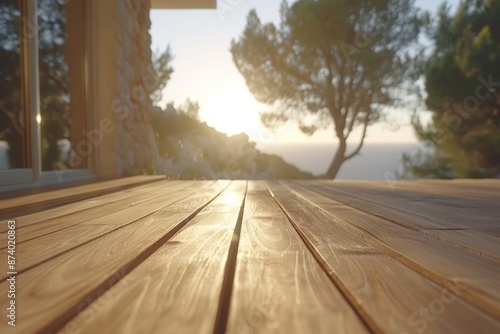 Warm wooden deck with sunlight filtering through trees, creating a serene and inviting outdoor space.