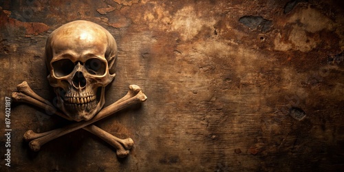 Halloween Skull and Crossbones on Weathered Background with Rustic Textures. Background with skull, Good for Halloween or pirate theme with copy space for text photo