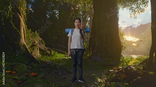 Full Body Of Asian Female Hiker With Mountaineering Backpack Looking At Camera And Making Stop Hand Sign While Exploring Forest Nature photo