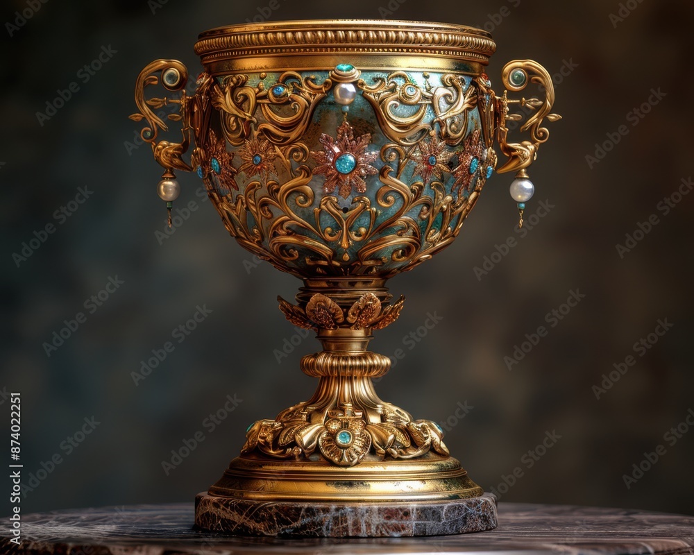 Glorious Gold Trophy: 3D Render With Engravings on Pedestal in Spotlight Glorious Gold Trophy: 3D Render With Engravings on Pedestal in Spotlight