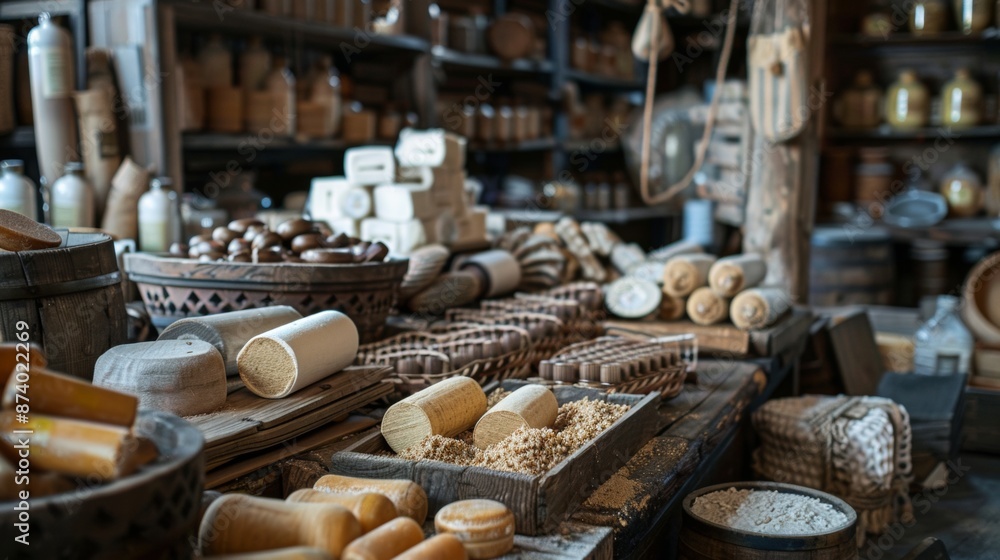 Handmade soaps and natural products in a rustic shop Handmade soaps and natural products in a rustic shop