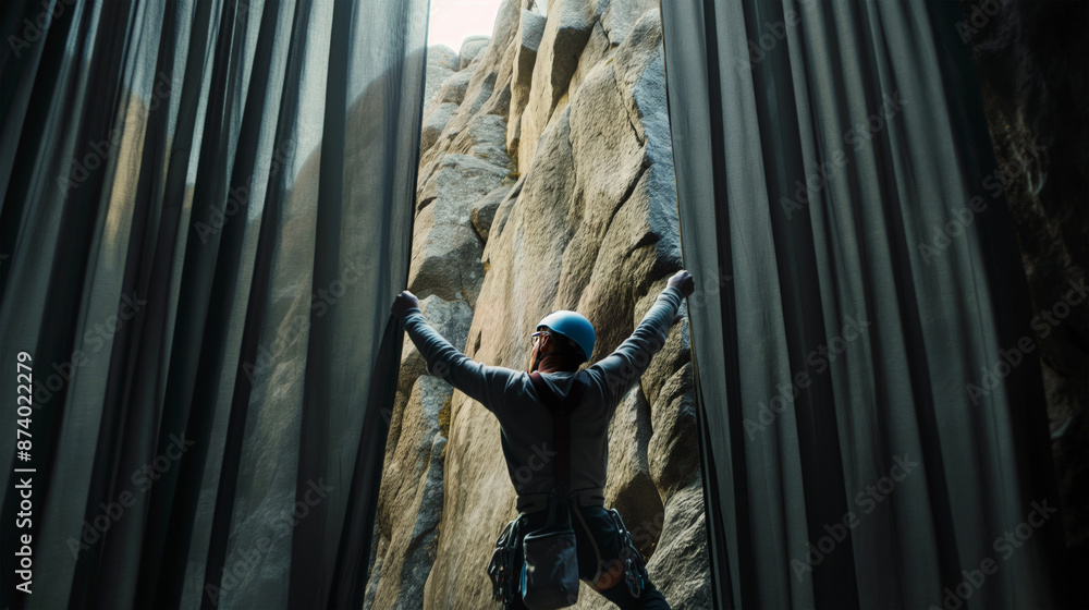 Fototapeta premium A rock climber opens the curtains behind which is a sheer cliff. Discovering new horizons in extreme sports.