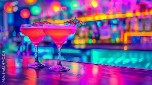 vibrant cocktails on bar top with bokeh lights creating festive atmosphere photo