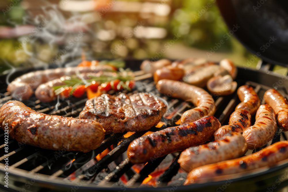 closeup of meat and sausages on a barbecue grill closeup of meat and sausages on a barbecue grill