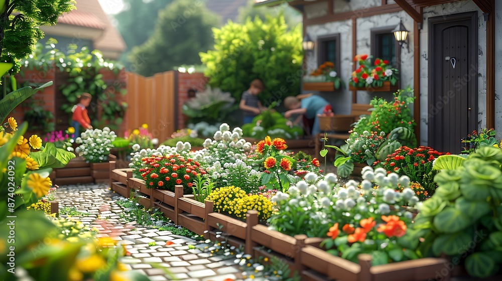 Obraz premium A detailed 3D isometric view of a school garden, showcasing students working in various garden beds, planting and watering flowers and vegetables. The garden is filled with vibrant plants, flowers,