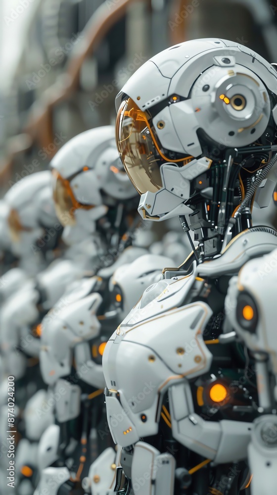 A row of futuristic robots stand in formation, ready for action. A row of futuristic robots stand in formation, ready for action.