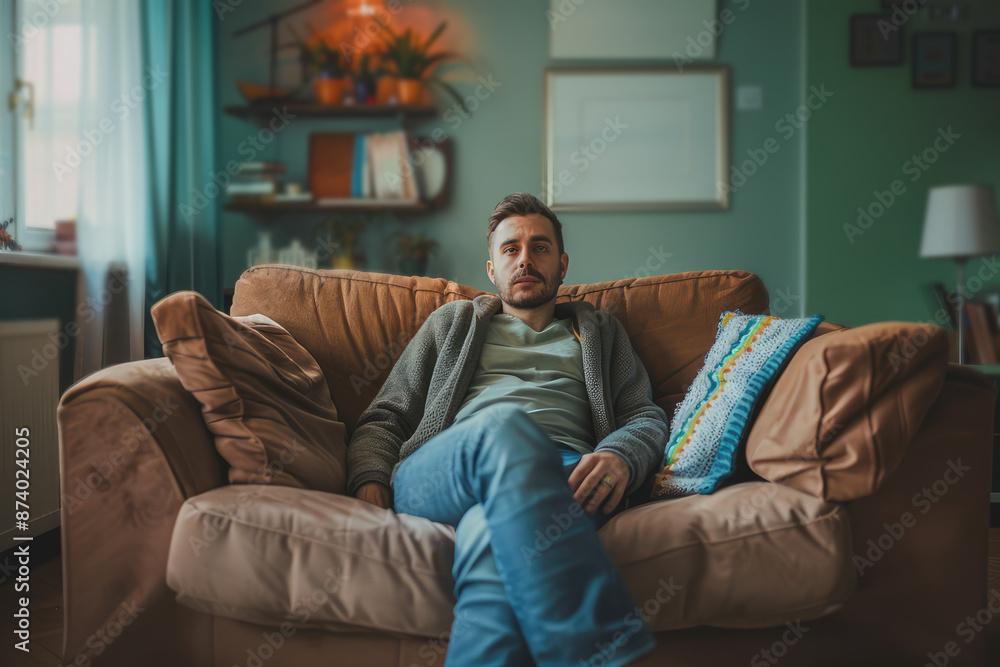 young man sitting on sofa and looking depressed