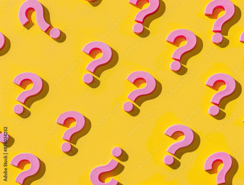 Pink question marks clustered on yellow background with central question mark uncertainty and curiosity in business and everyday life Pink question marks clustered on yellow background with central question mark uncertainty and curiosity in business and everyday life