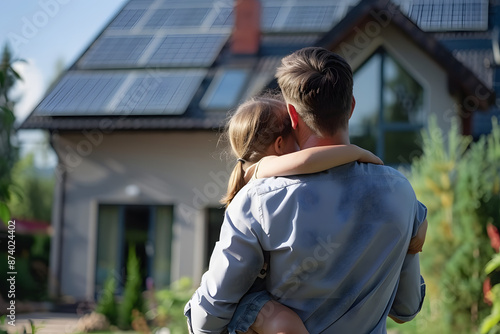 "Dad Showing Little Girl Solar Panels Installed on Their House"