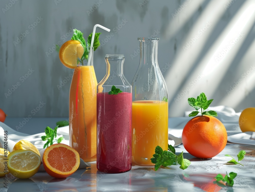 Fototapeta premium Glasses of freshly squeezed fruit juice surrounded by a variety of fruits and vegetables.