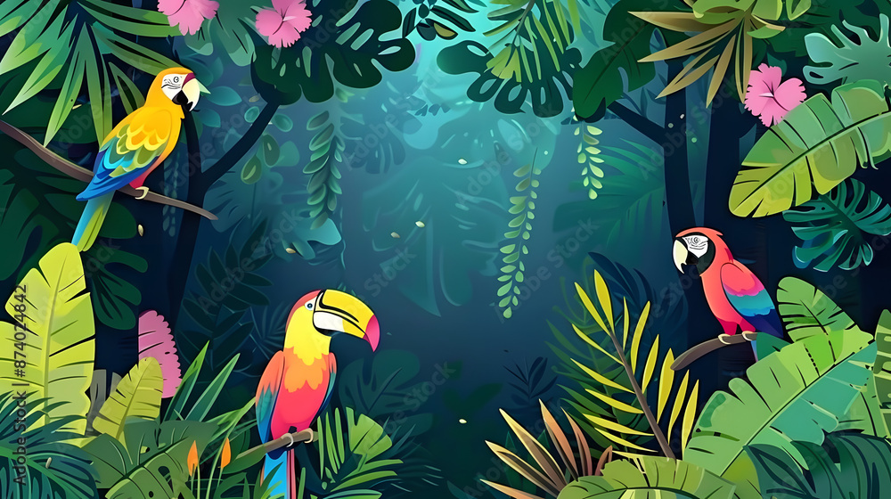 Stunning depiction of parrots in tropical rainforest, surrounded by lush greenery and vibrant flowers. The rich, colorful scene showcases the natural habitat and beauty of these exotic birds Stunning depiction of parrots in tropical rainforest, surrounded by lush greenery and vibrant flowers. The rich, colorful scene showcases the natural habitat and beauty of these exotic birds
