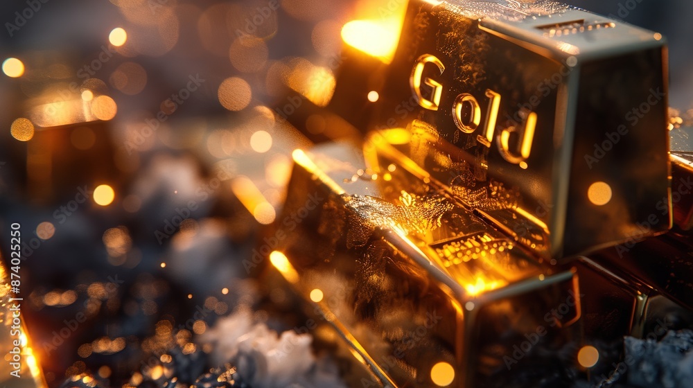 Hyper-realistic 3D render of stacked gold bars with cinematic lighting and golden light reflections, featuring Hyper-realistic 3D render of stacked gold bars with cinematic lighting and golden light reflections, featuring