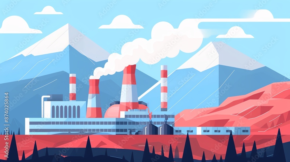 Fototapeta premium Geothermal power station, steam rising, flat design illustration