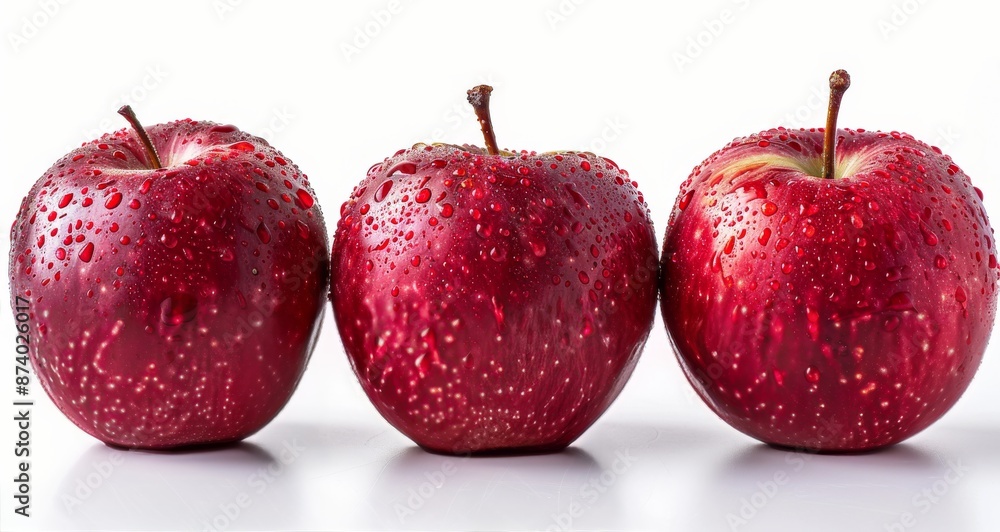 Three Red Apples With Water Droplets on a White Background