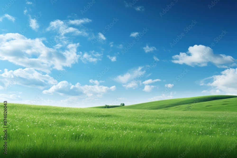 Green field with blue sky grassland landscape outdoors.