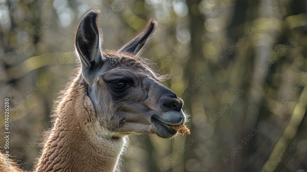 Obraz premium Llama in full height, leisurely chewing food with serene demeanor.