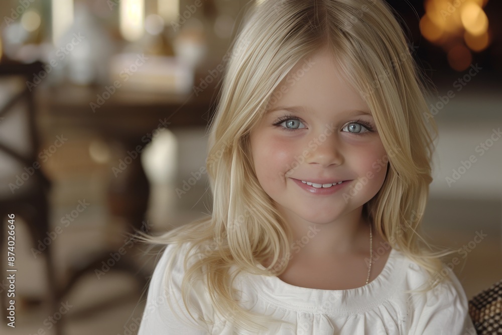 Fototapeta premium Happy little girl with blonde hair and blue eyes in white top against cozy indoor background