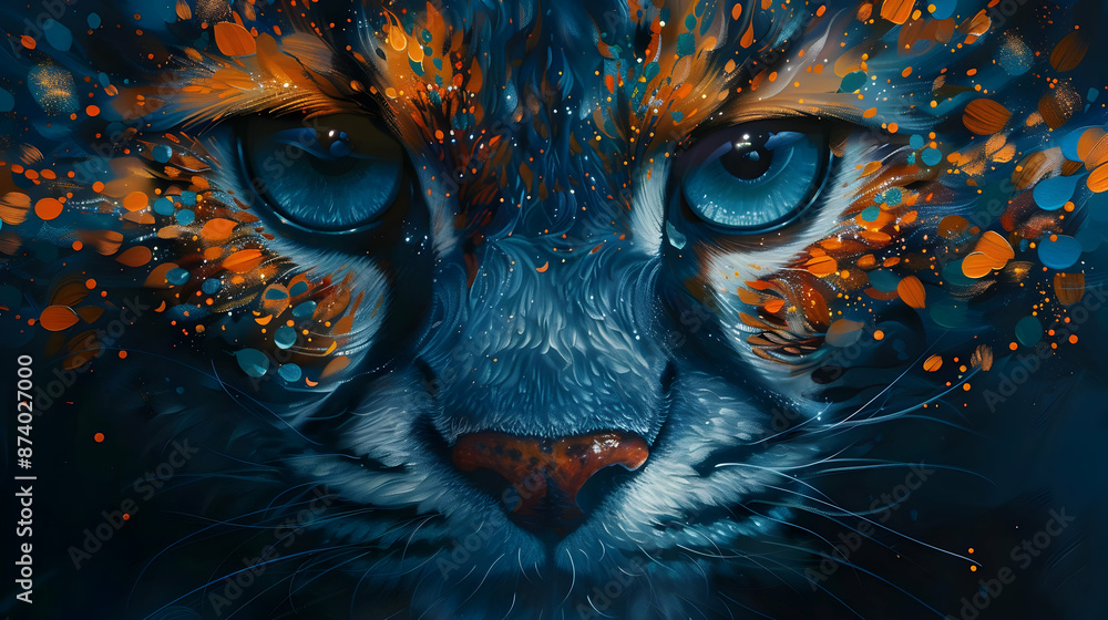 Blue-Eyed Cat Illustration with Orange and Blue Spots Blue-Eyed Cat Illustration with Orange and Blue Spots