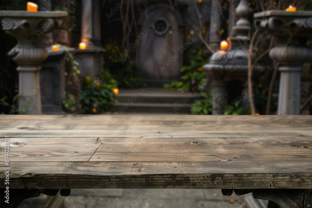 Fototapeta premium Scary cemetery scene with wooden planks in the foreground, fog and tombstones in the background, full moon shining. Ideal for Halloween or horror theme