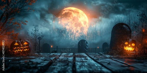 Scary cemetery scene with wooden planks in the foreground, fog and tombstones in the background, full moon shining. Ideal for Halloween or horror theme photo