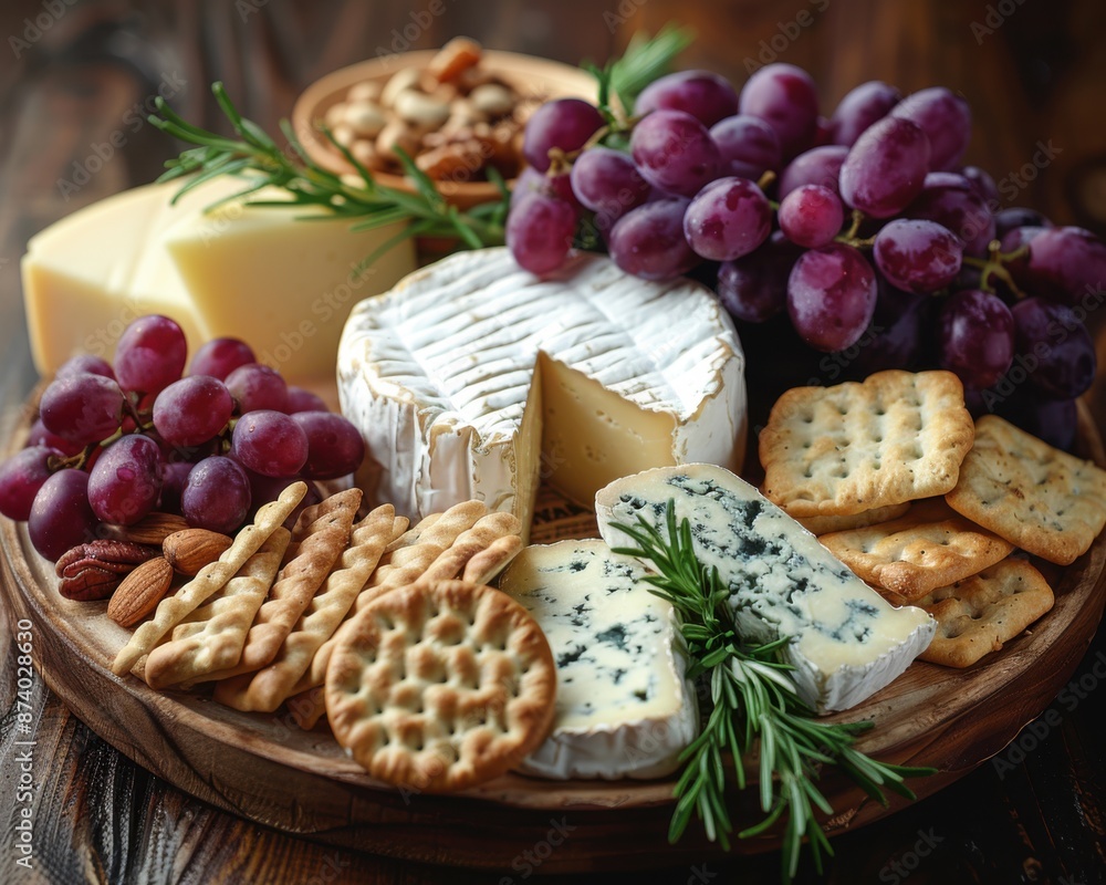 Exquisite Artisanal Cheese Platter with Brie, Gouda, Blue Cheese, Grapes, Nuts, and Crackers on Wooden Board Exquisite Artisanal Cheese Platter with Brie, Gouda, Blue Cheese, Grapes, Nuts, and Crackers on Wooden Board
