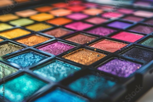 Closeup of a vibrant and artistic eyeshadow palette with a variety of colorful shades, perfect for creating trendy and glamorous makeup looks