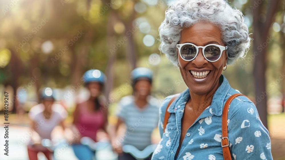 Elderly woman roller skating with a group of friends at a local rink Stock Photo with copy space Elderly woman roller skating with a group of friends at a local rink Stock Photo with copy space