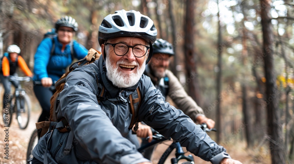Group of elderly friends on BMX bikes exploring a rugged outdoor trail Stock Photo with copy space Group of elderly friends on BMX bikes exploring a rugged outdoor trail Stock Photo with copy space