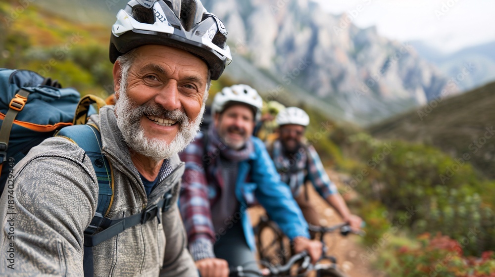 Group of elderly friends on BMX bikes exploring a rugged outdoor trail Stock Photo with copy space Group of elderly friends on BMX bikes exploring a rugged outdoor trail Stock Photo with copy space