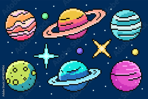 Pixel Art Cartoon Planet Set. Cute game planets in retro style. Vector illustration