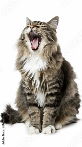 Full body shot of Norwegian Forest Cat cat yawning. white background, isolated.