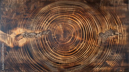 Tree stump with split wood texture and growth rings on rustic brown wooden backdrop Hardwood section pattern