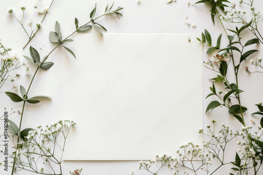 Blank Paper Mockup With White Flowers and Green Branches Blank Paper Mockup With White Flowers and Green Branches