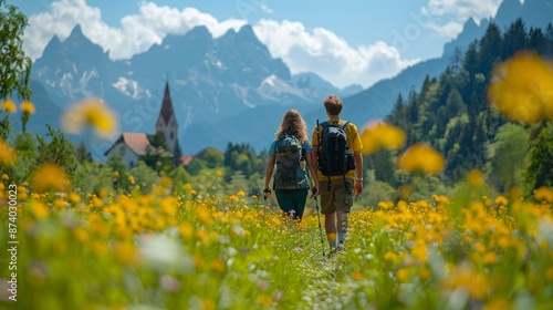 Tourists hiking through the lush green fields of St Magdalena with the iconic church and Dolomite mountains in the background Stock Photo with copy space photo