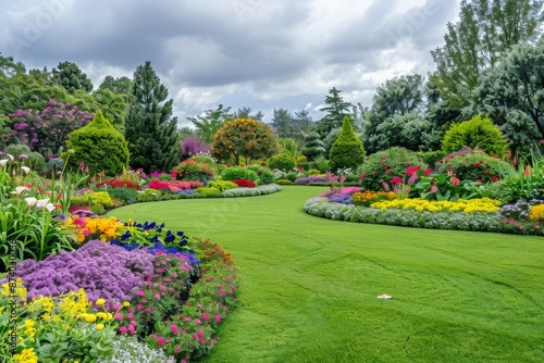 Lush green garden with colorful flowerbeds and manicured lawn under a partly cloudy sky, creating a vibrant outdoor scene