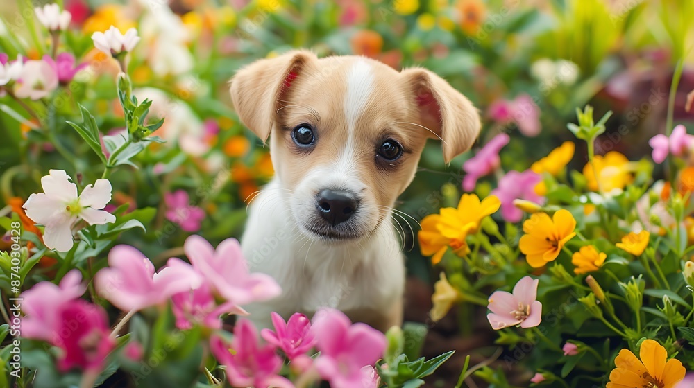 Cute Puppy Hiding in a Garden of Flowers Cute Puppy Hiding in a Garden of Flowers