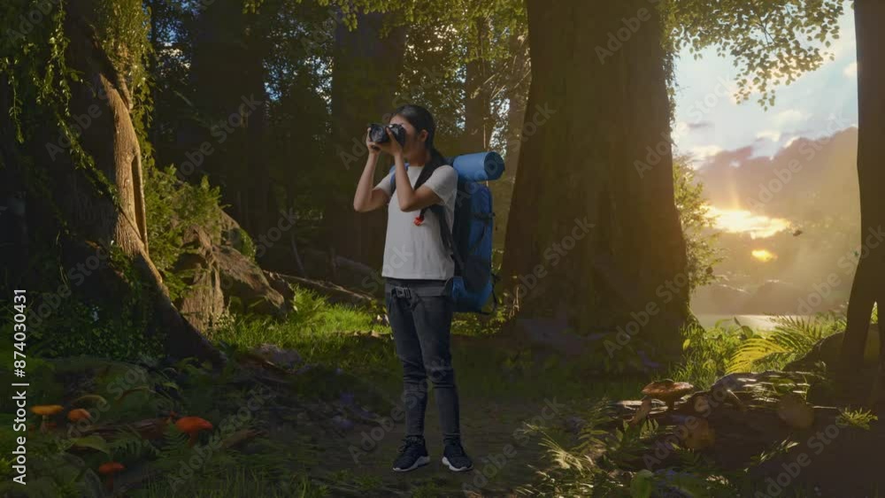Full Body Of Asian Female Hiker With Mountaineering Backpack Using A Camera Taking Picture While Exploring Forest Nature Full Body Of Asian Female Hiker With Mountaineering Backpack Using A Camera Taking Picture While Exploring Forest Nature