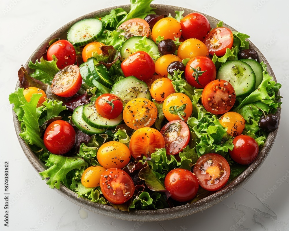 Fresh and Vibrant Salad Bowl with Mixed Greens, Cherry Tomatoes, Cucumbers, Avocados, and Vinaigrette on White Background Fresh and Vibrant Salad Bowl with Mixed Greens, Cherry Tomatoes, Cucumbers, Avocados, and Vinaigrette on White Background