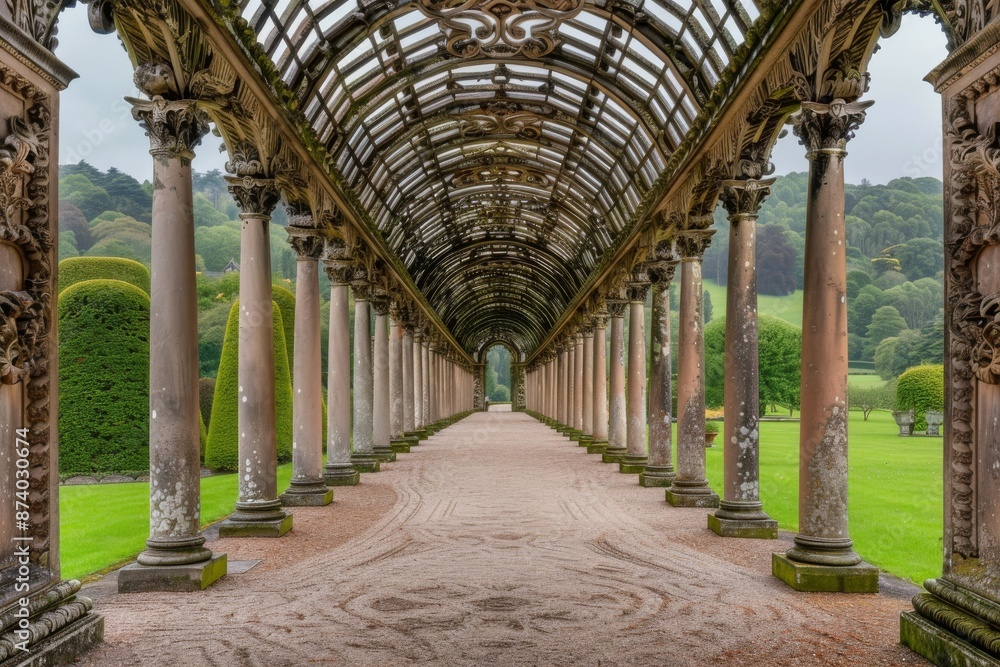 Obraz premium Majestic colonnade with intricate details in a historic garden, captured on a clear day, showcasing architectural beauty and symmetry