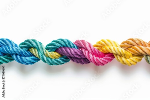 Unity and teamwork concept as a business metaphor for joining a partnership as diverse ropes connected together as a corporate symbol for cooperation and working collaboration.