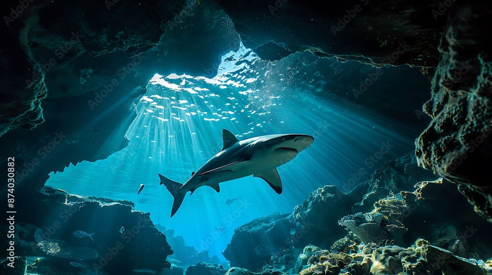 Fototapeta premium Shark in a Coral Cave: Underwater Photography