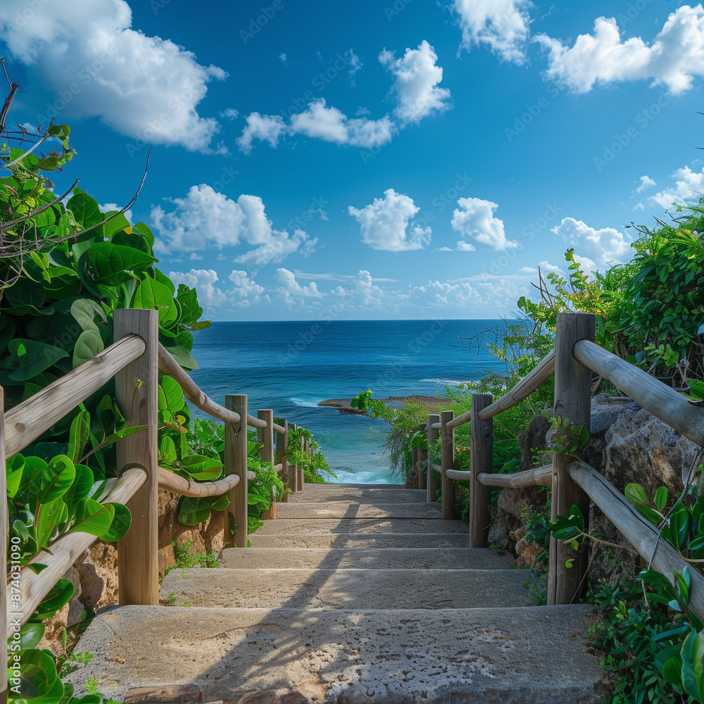 Obraz premium The long stone steps lead to the sea, with green plants on both sides of them and wooden railings in front.