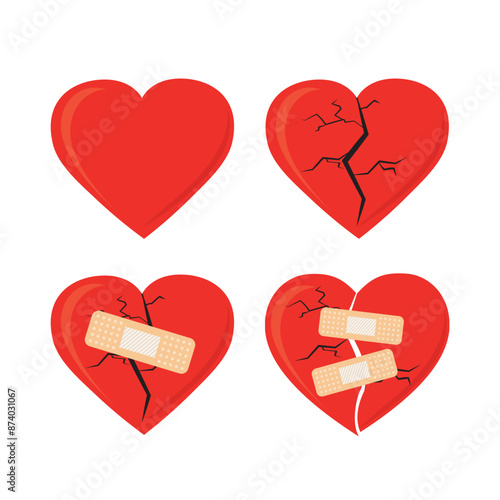 Set of hearts. Broken heart with cracks and medical bandage. Love, betrayal and forgiveness concept. Design isolated on white background.