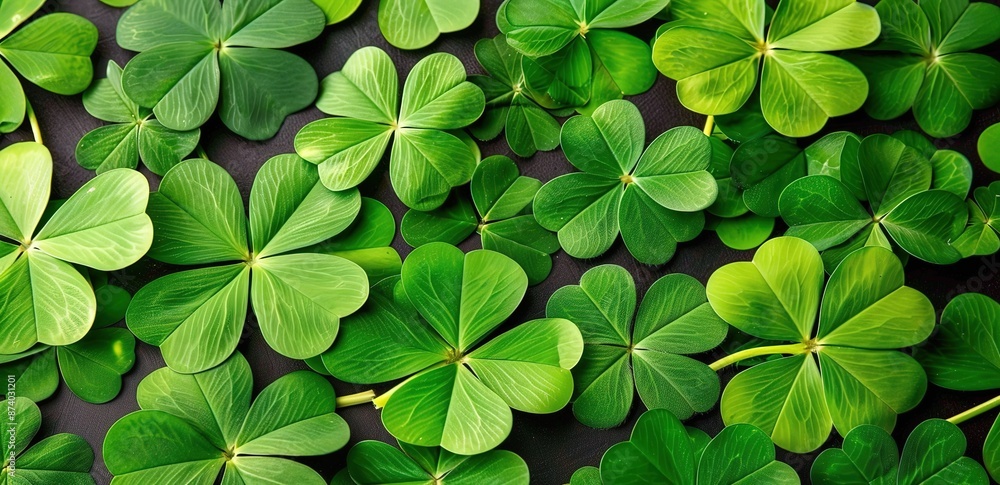 A number of green clover grasses are photographed on a black background A number of green clover grasses are photographed on a black background